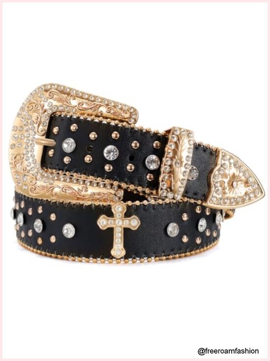 Premium Leather Rhinestone Belt with Detachable Buckle for Western Outfits main image 6